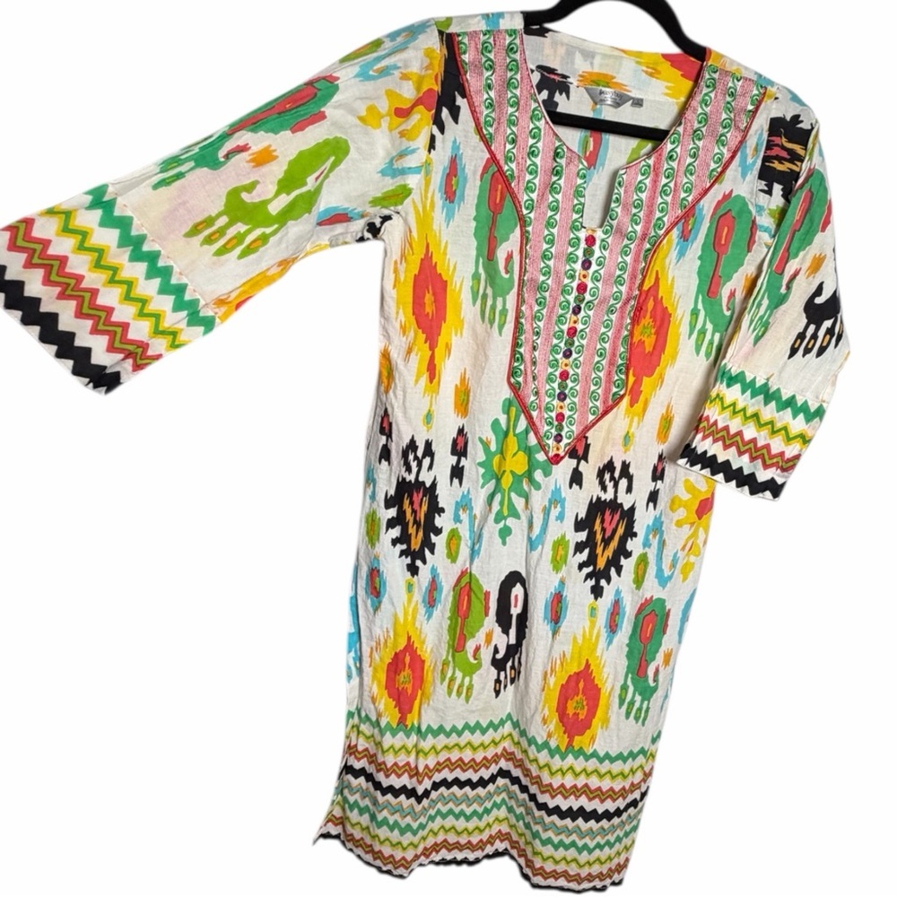 Boho Festival Geometric Tunic Resort Ikat Embroidered 100% Cotton Blouse Size L - Picture 4 of 10